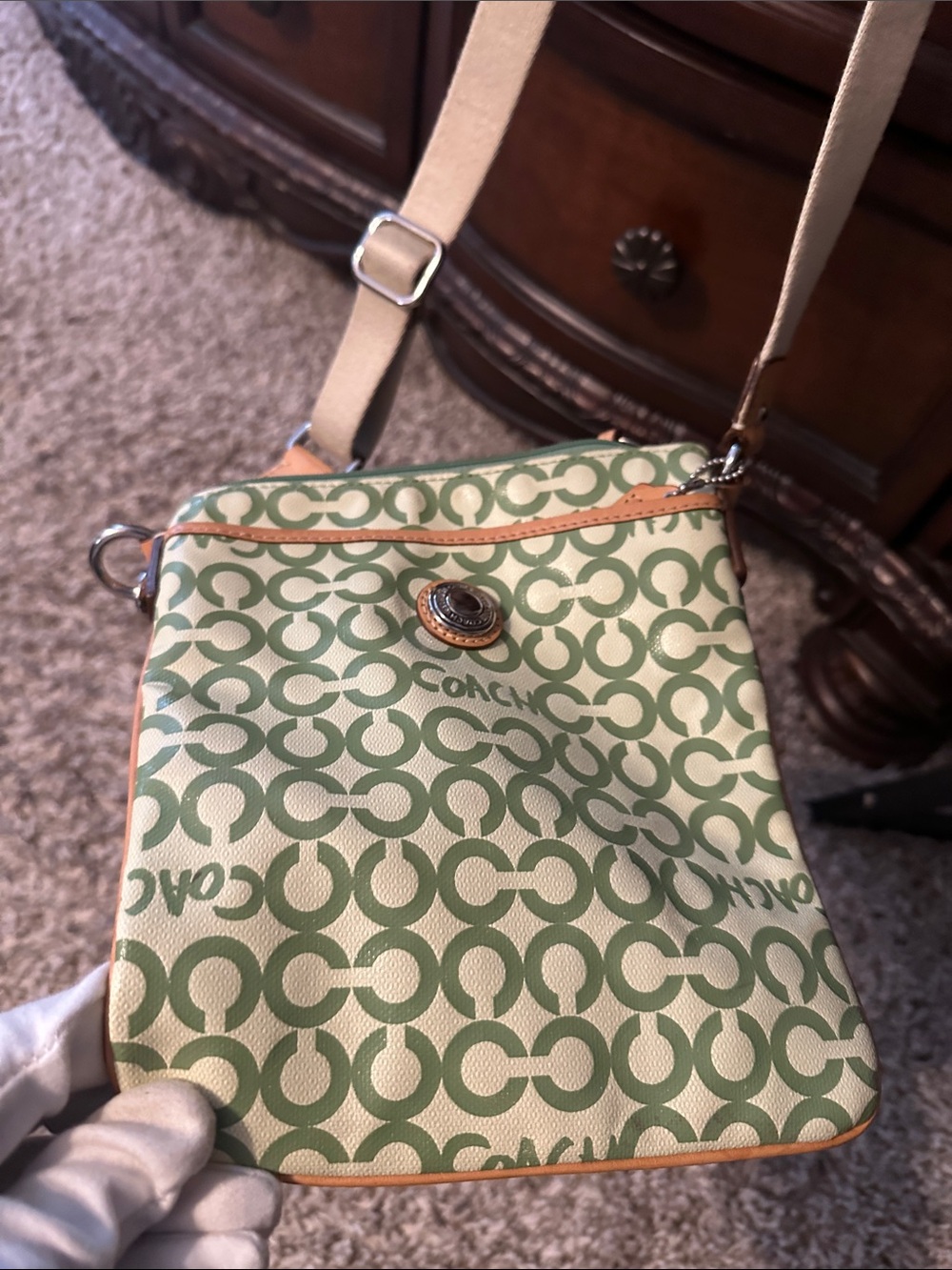 Coach Green Signature Canvas Crossbody with Tan Trim and Cream Strap